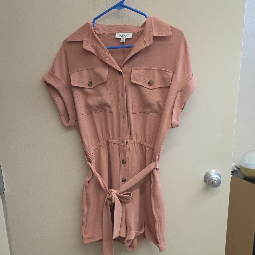 She + Sky Dusty Rose Utility Romper with Tie Waist